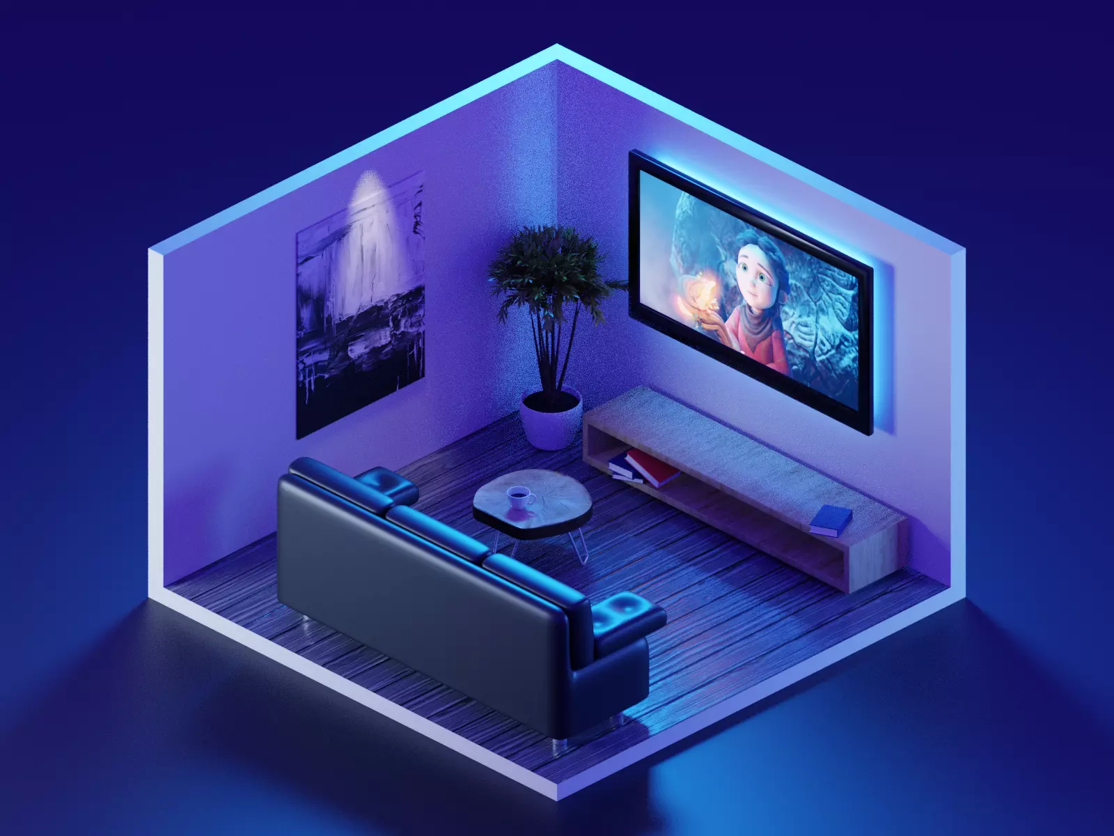 living room 3D model render in blender Low-poly 3D model_0