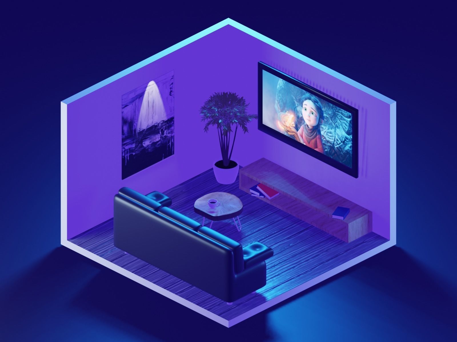 living room 3D model render in blender Low-poly 3D model_1