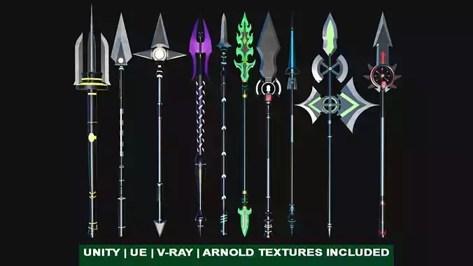Fantasy Spears Glow GameReady PBR Unity UE Textures Included 3D Model Collection
