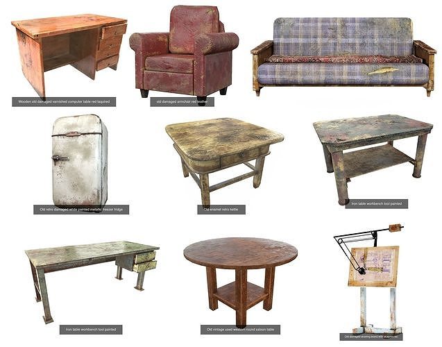 Collection of damaged post-apocalypse furniture set 