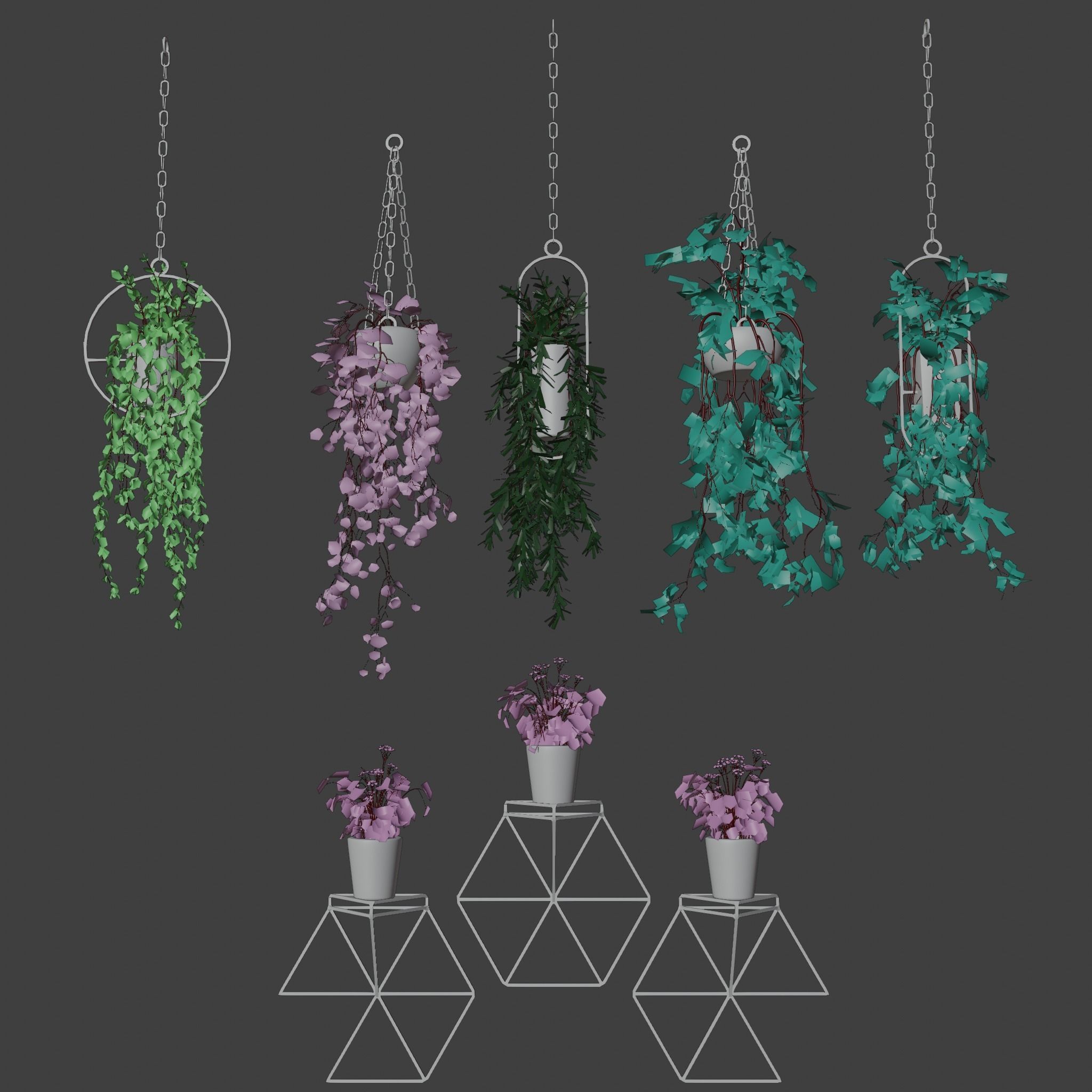 Hanging Pots with Plants Low-poly 3D model_18
