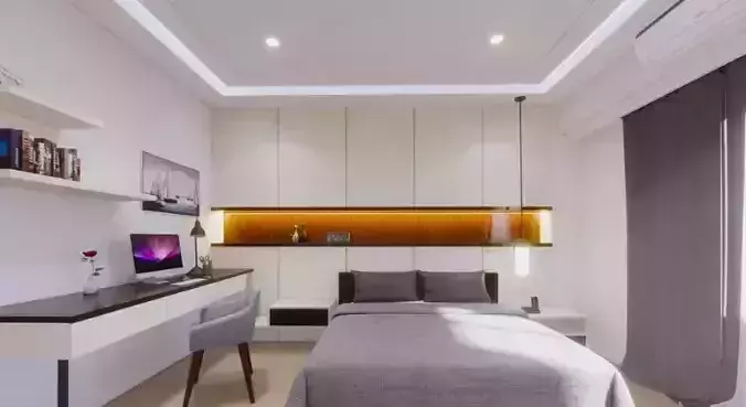 Bedroom with bed and desk