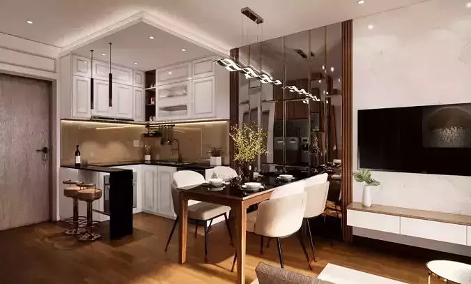 Apartment modern kitchen and dining room in