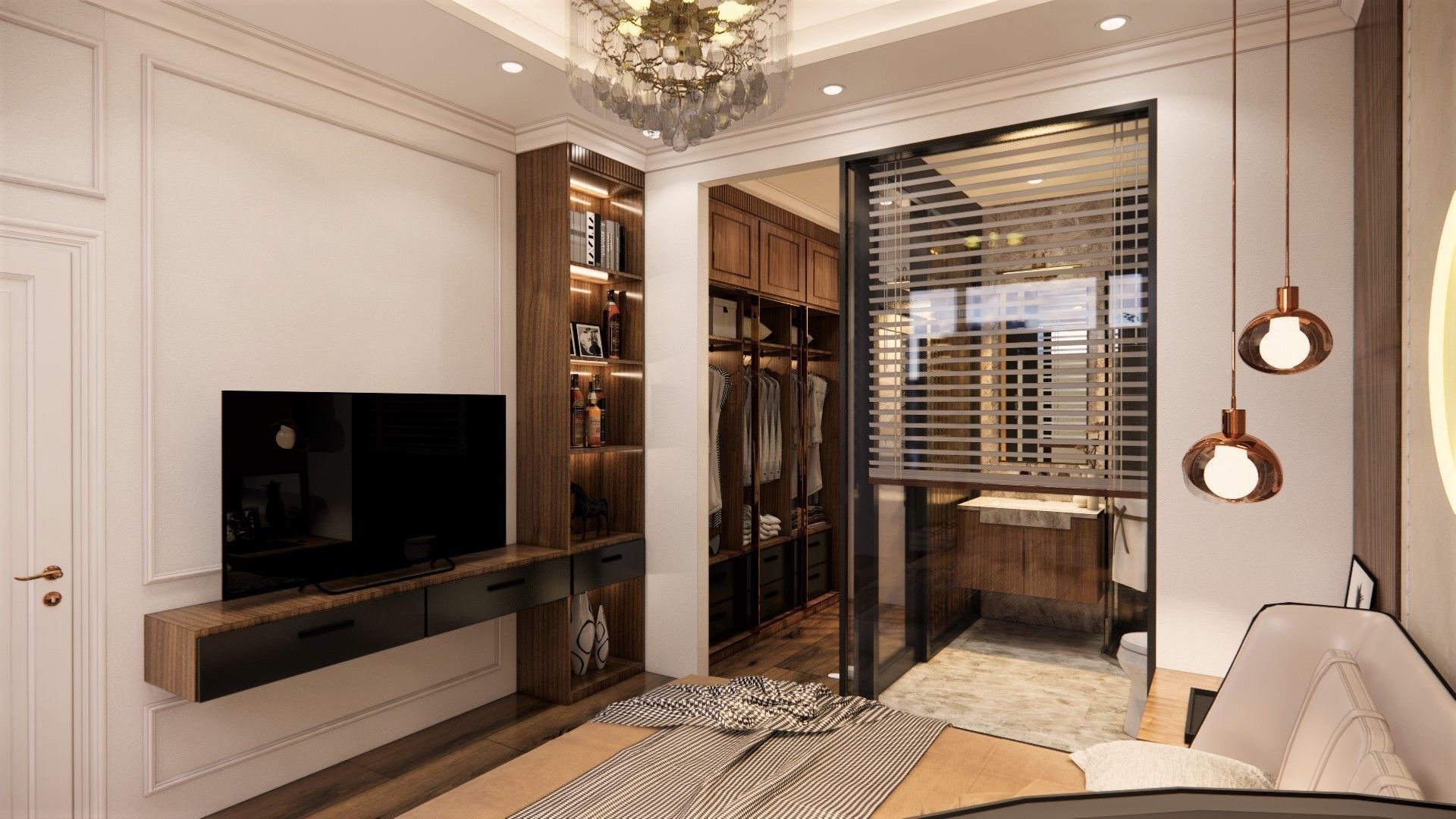 bedroom modern with wooden floors and chandelier 3D model_2