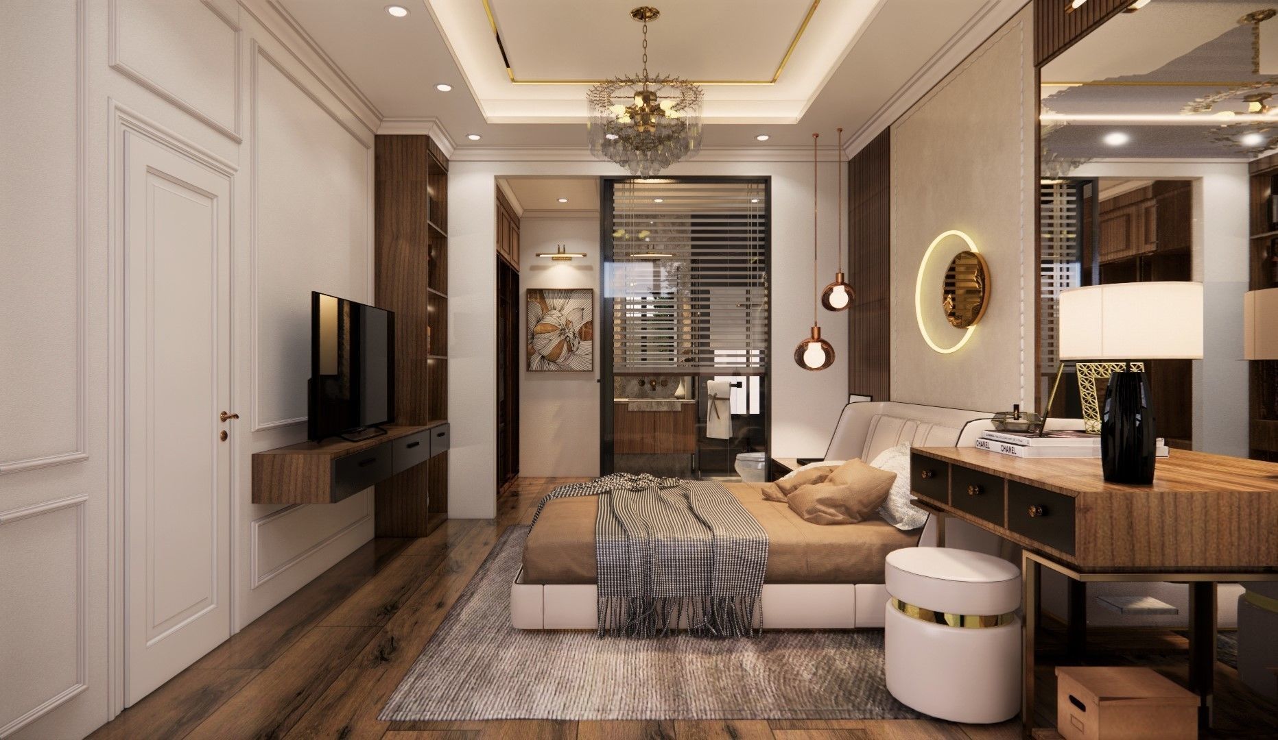 bedroom modern with wooden floors and chandelier 3D model_3