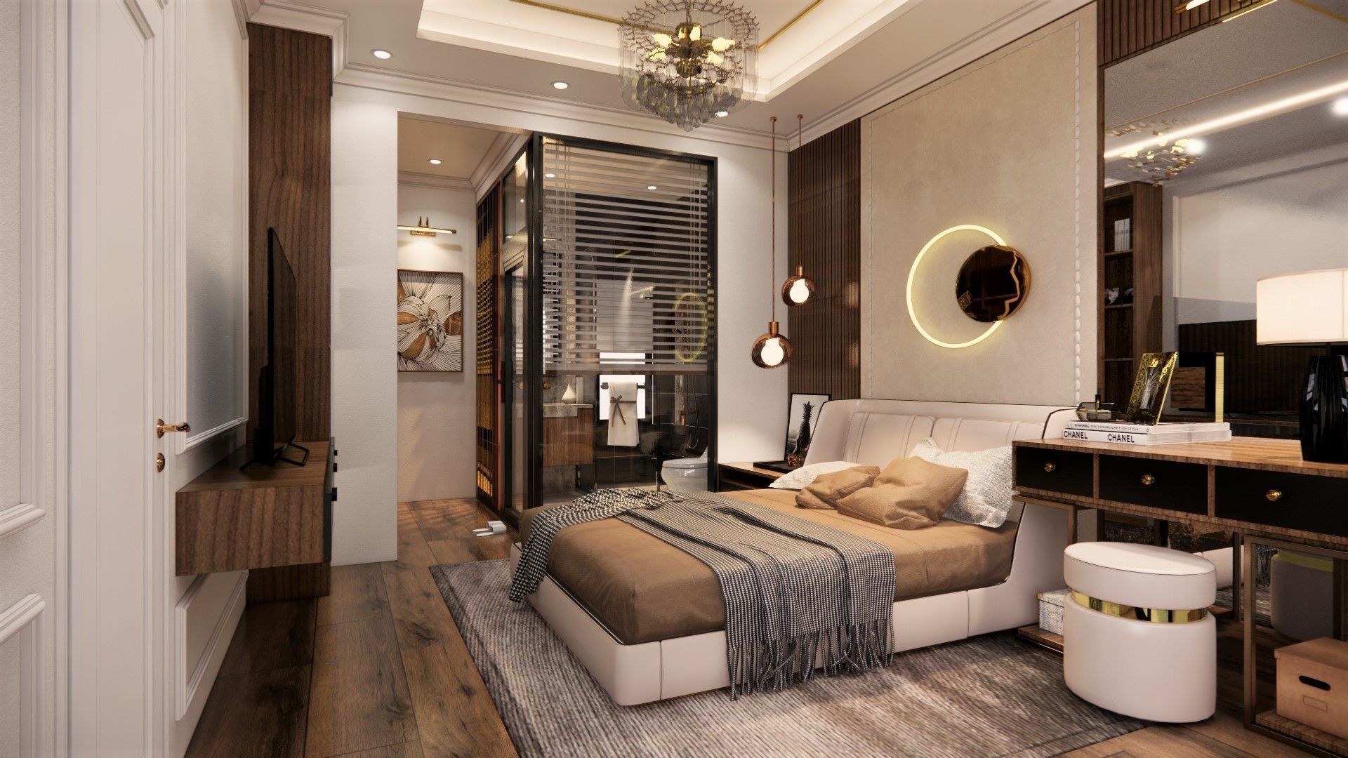 bedroom modern with wooden floors and chandelier 3D model_1