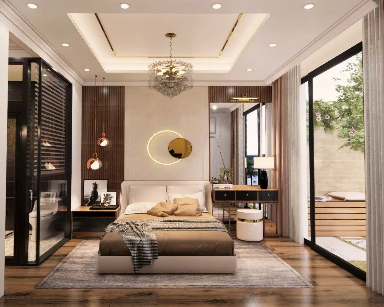 bedroom modern with wooden floors and chandelier 3D model_0