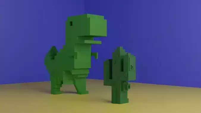 Google dinosaur 3d plus cactus Low-poly 3D model