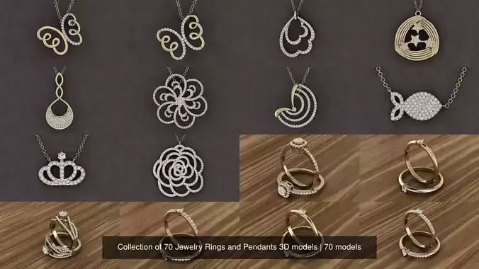 Collection of 70 Jewelry Rings and Pendants 3D models 