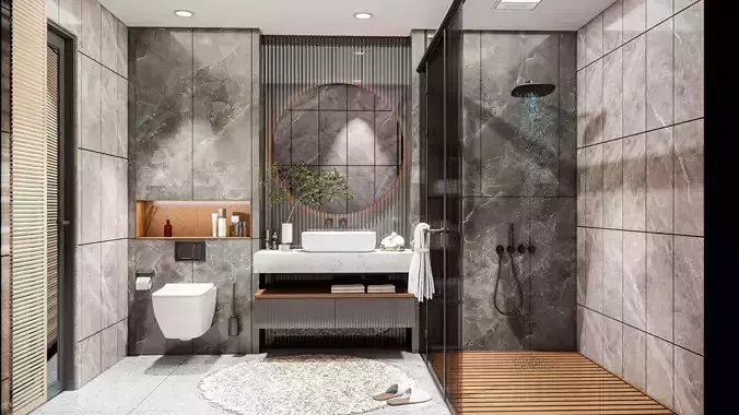 BATHROOM modern with tiled walls and wooden floors