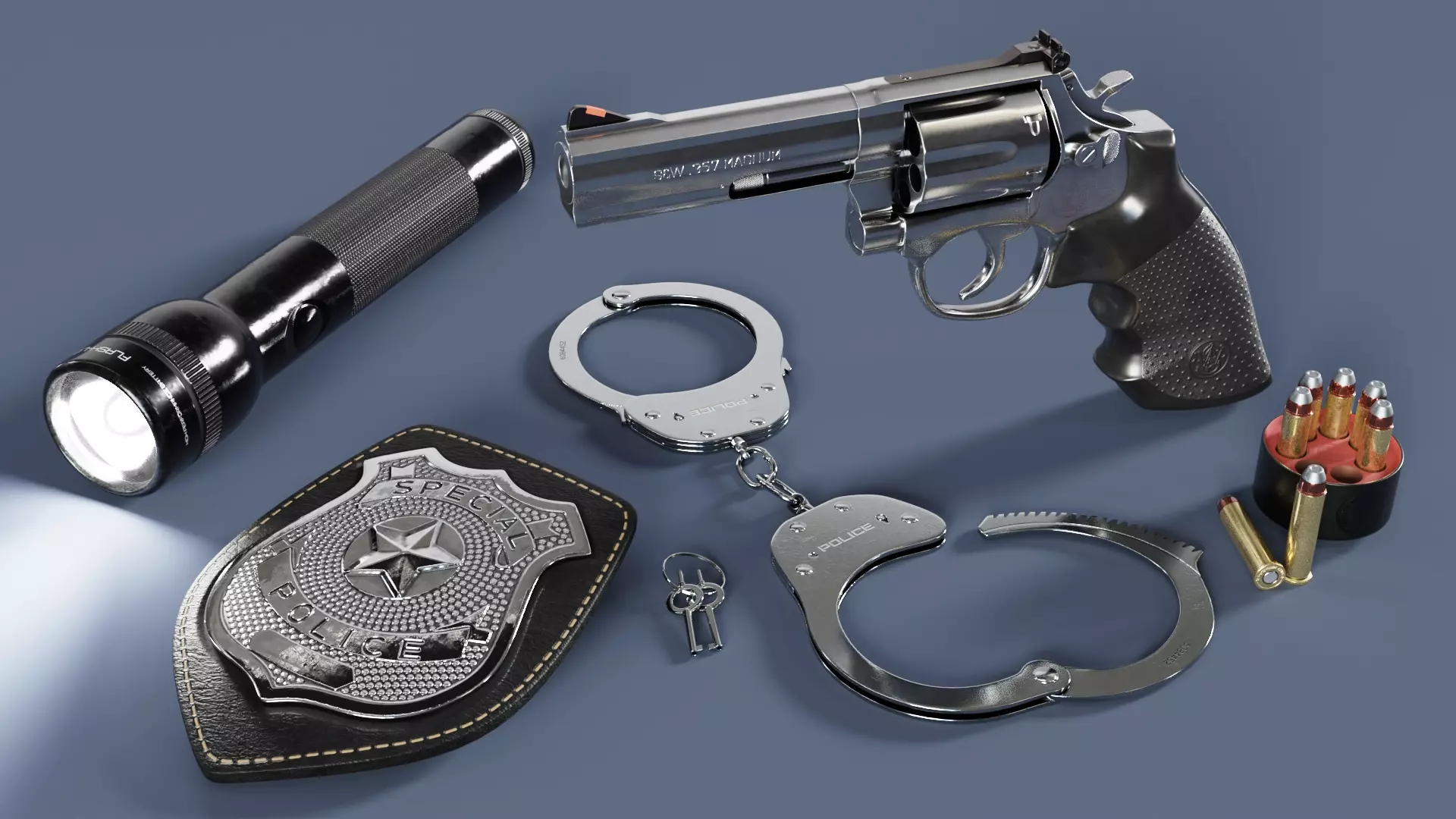 Detective Props Kit - Magnum Gun-Bullet-Police Badge-Handcuffs 3D model