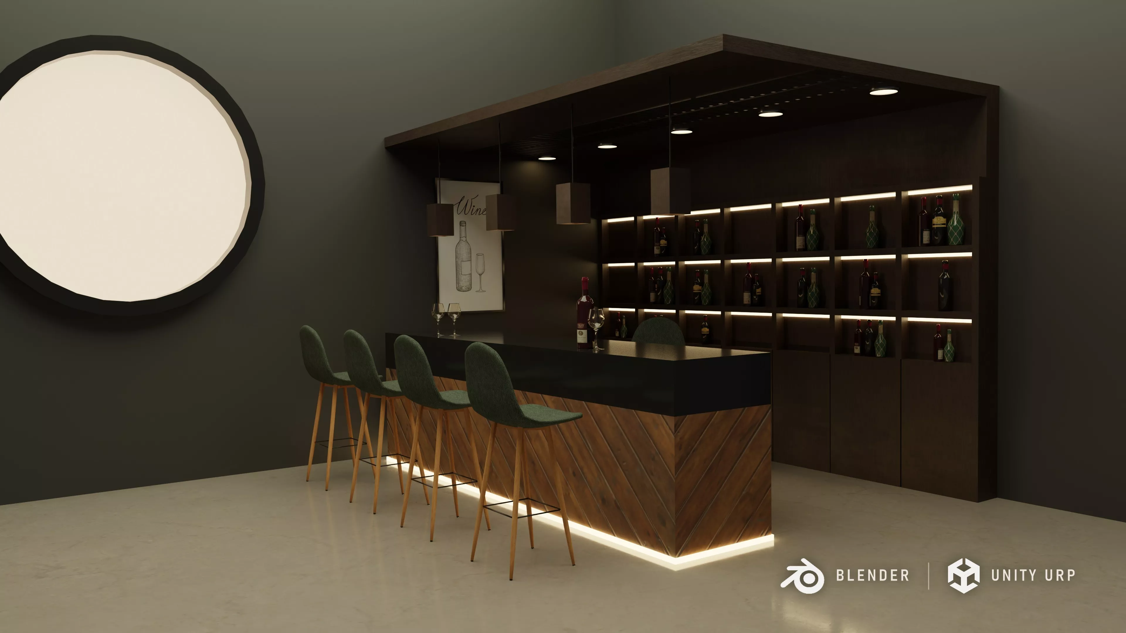 Bar Stand with Stools and Wine Shelves Low-poly 3D model