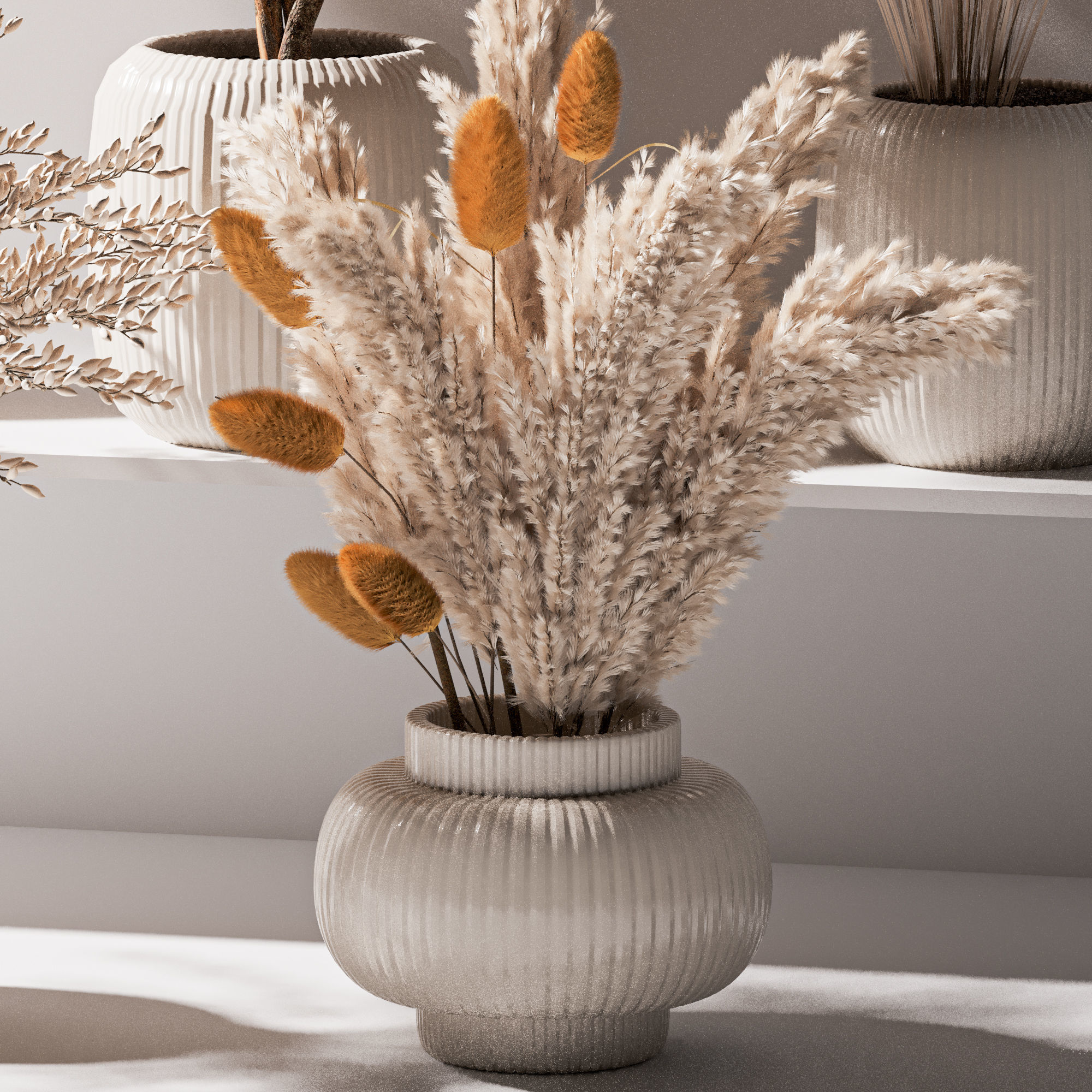 bouqute10 set of vases with dried grasses 3D model_4