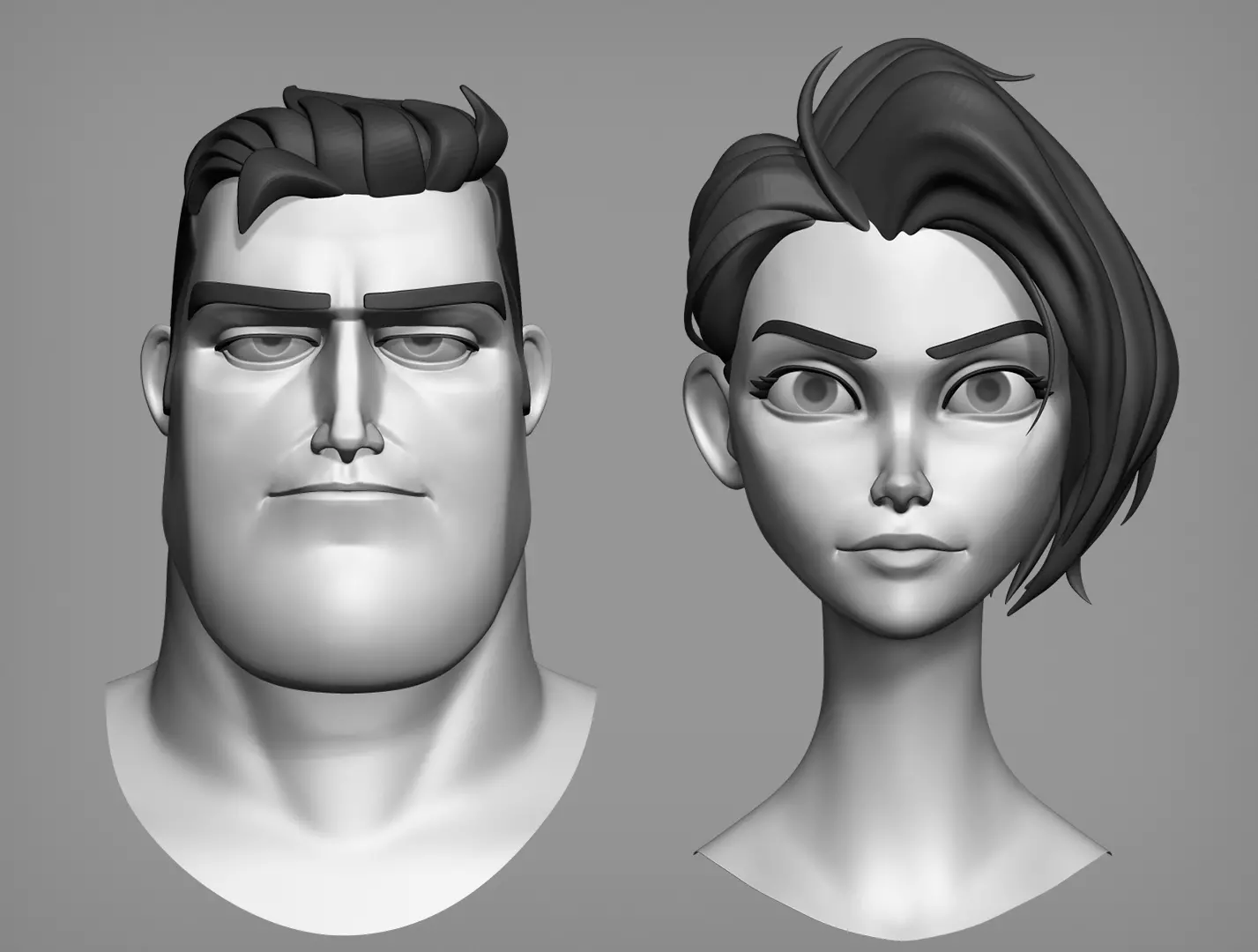Male and female cartoon characters base mesh 3D model_0