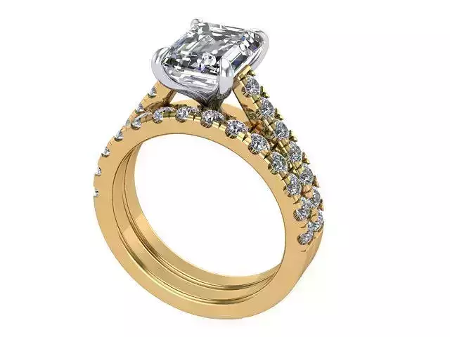 Silver and gold Emerald Cut  Diamond Wedding Set