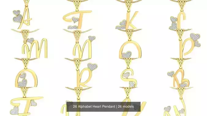 26 Alphabet Heart Pendant 3D Model Collection