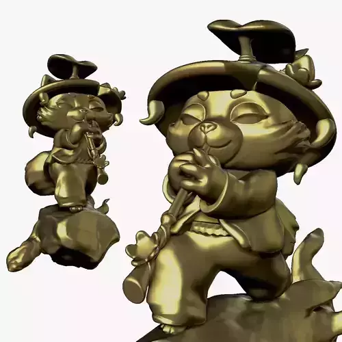 001158 golden anime fox playing on stick opened eyes 3d print... 3D print model