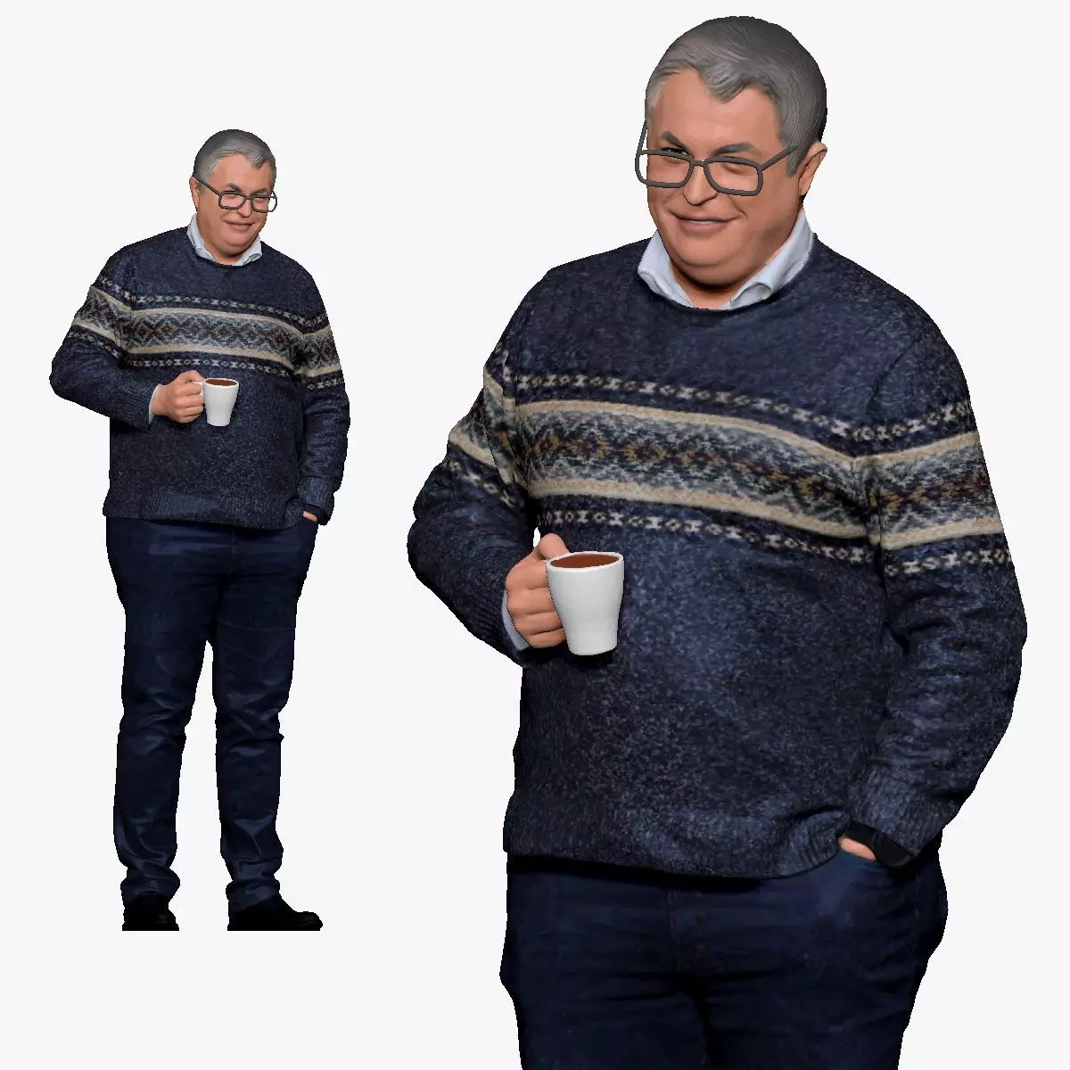 001176 oldy man in purple sweater cup in hand 3d print ready 3D print model