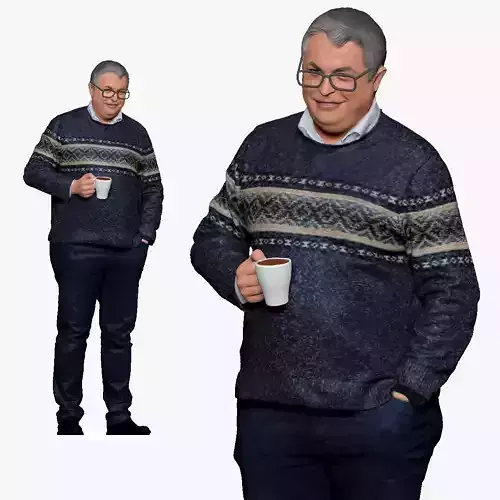 001176 oldy man in purple sweater cup in hand 3d print ready