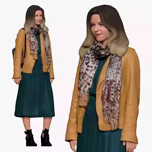 001233 woman in long green dress and yellow jacket