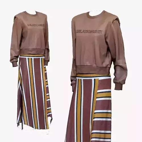 001283 pinkbrown blouse and yellow lined skirt