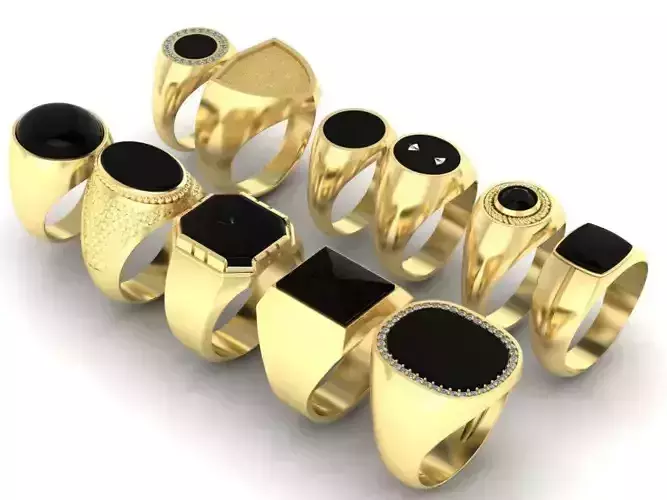 collection 11 pieces of mens signet rings with black stone 3D print model