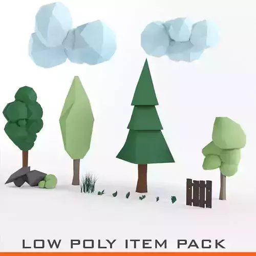 Lowpoly Tree Grass Rock Bush Fence Leaf and Cloud Game Ready Set