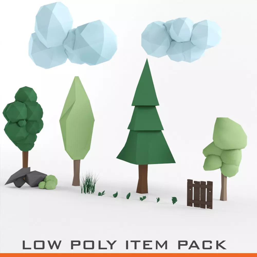 Lowpoly Tree Grass Rock Bush Fence Leaf and Cloud Game Ready Set Low-poly 3D model
