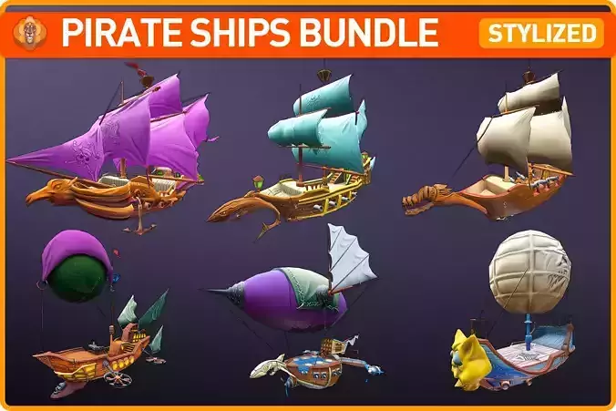 Stylized Pirate Ships Low-poly 3D model
