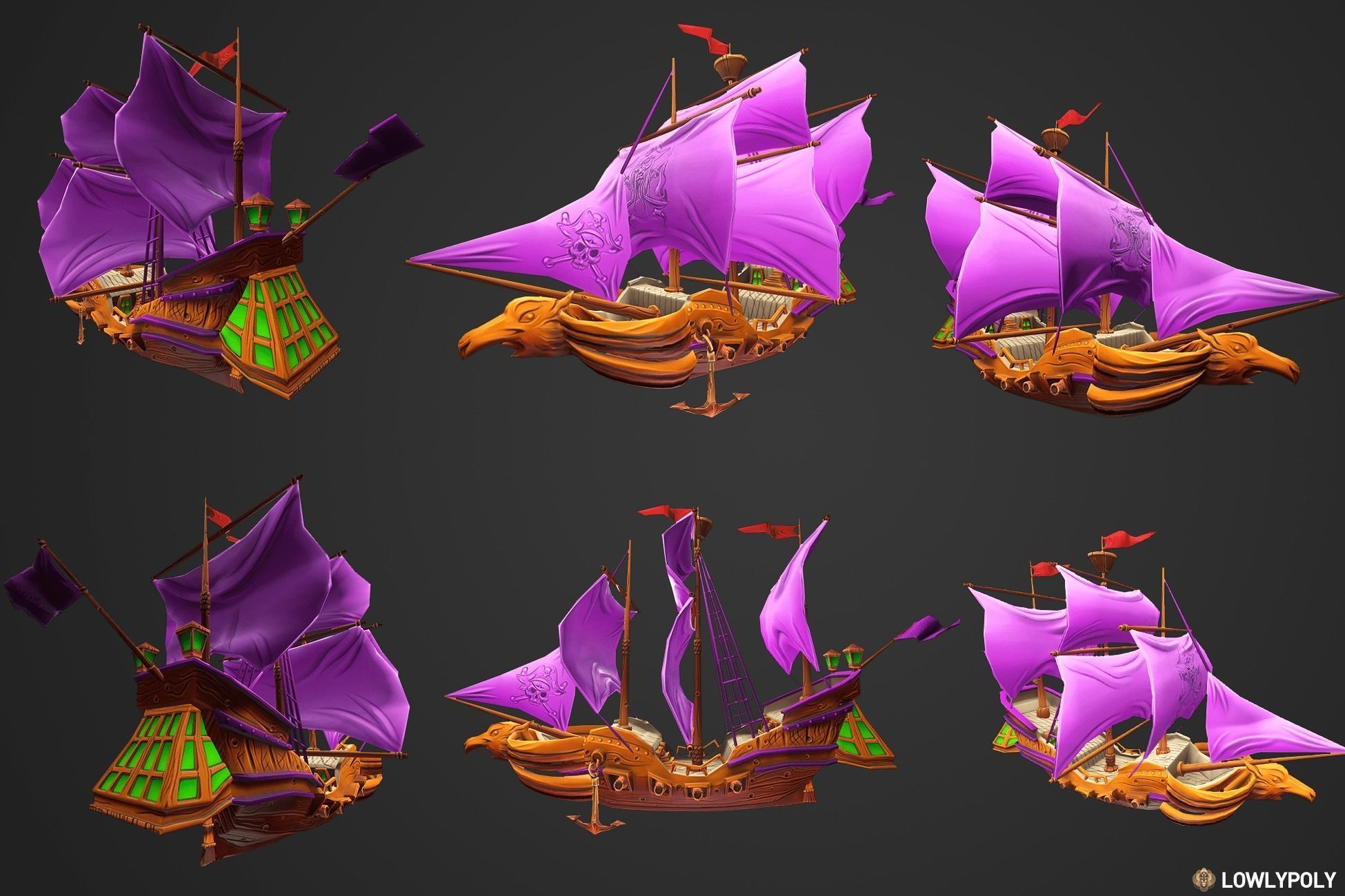 Stylized Pirate Ships Low-poly 3D model_2