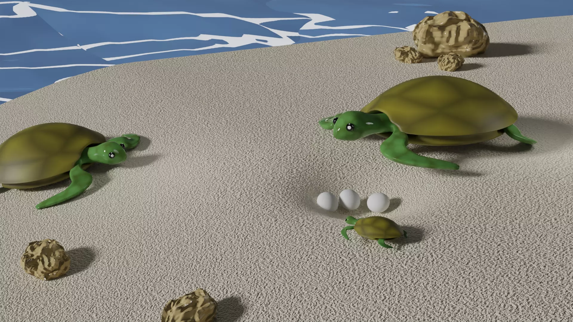 Stylised Cartoony Turtles on Beach 3D model_0