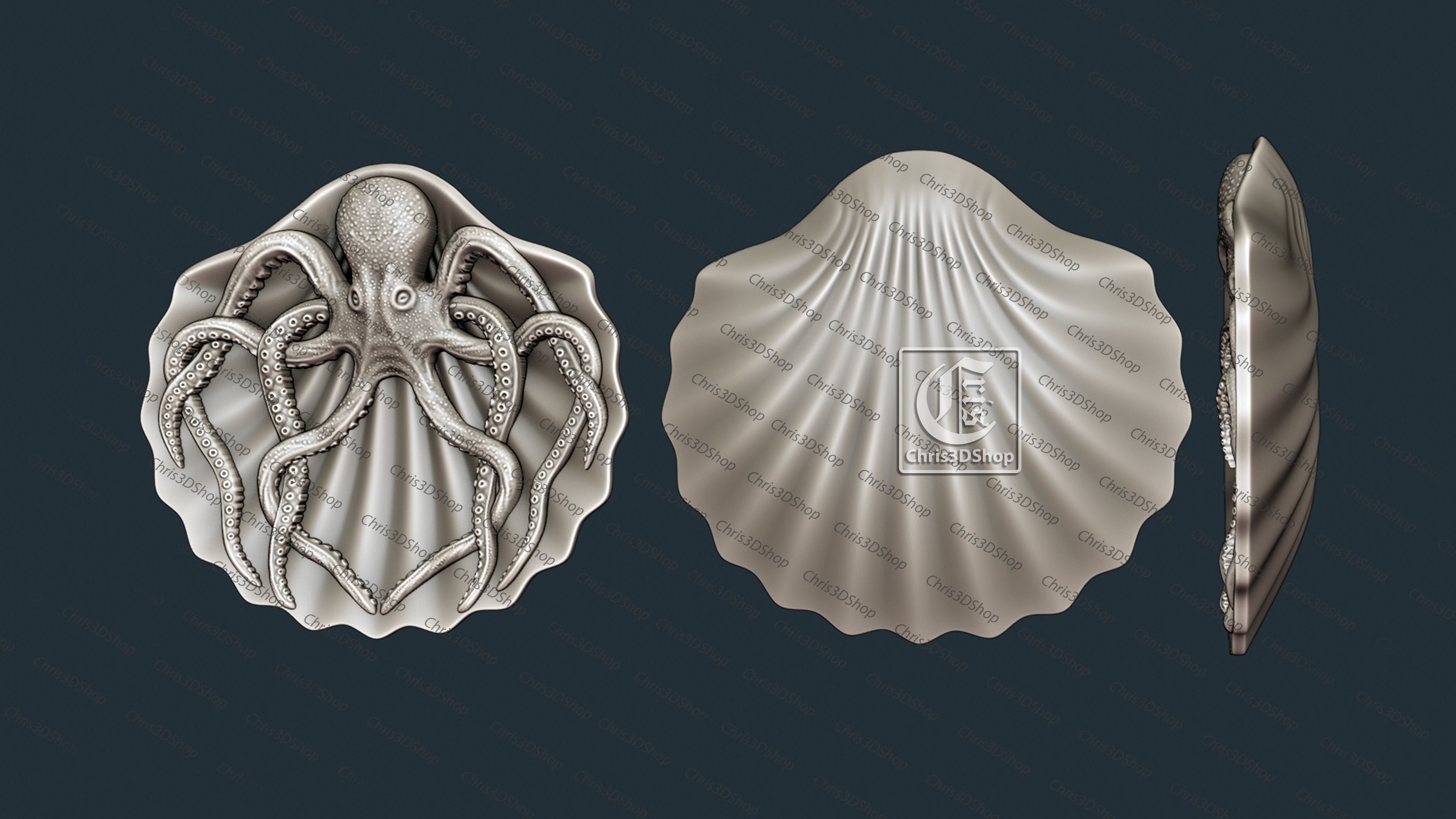 Octopus on Shell Tray - STL model for CNC  3D print model_2