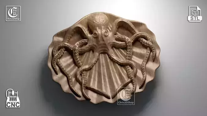 Octopus on Shell Tray - STL model for CNC  3D print model