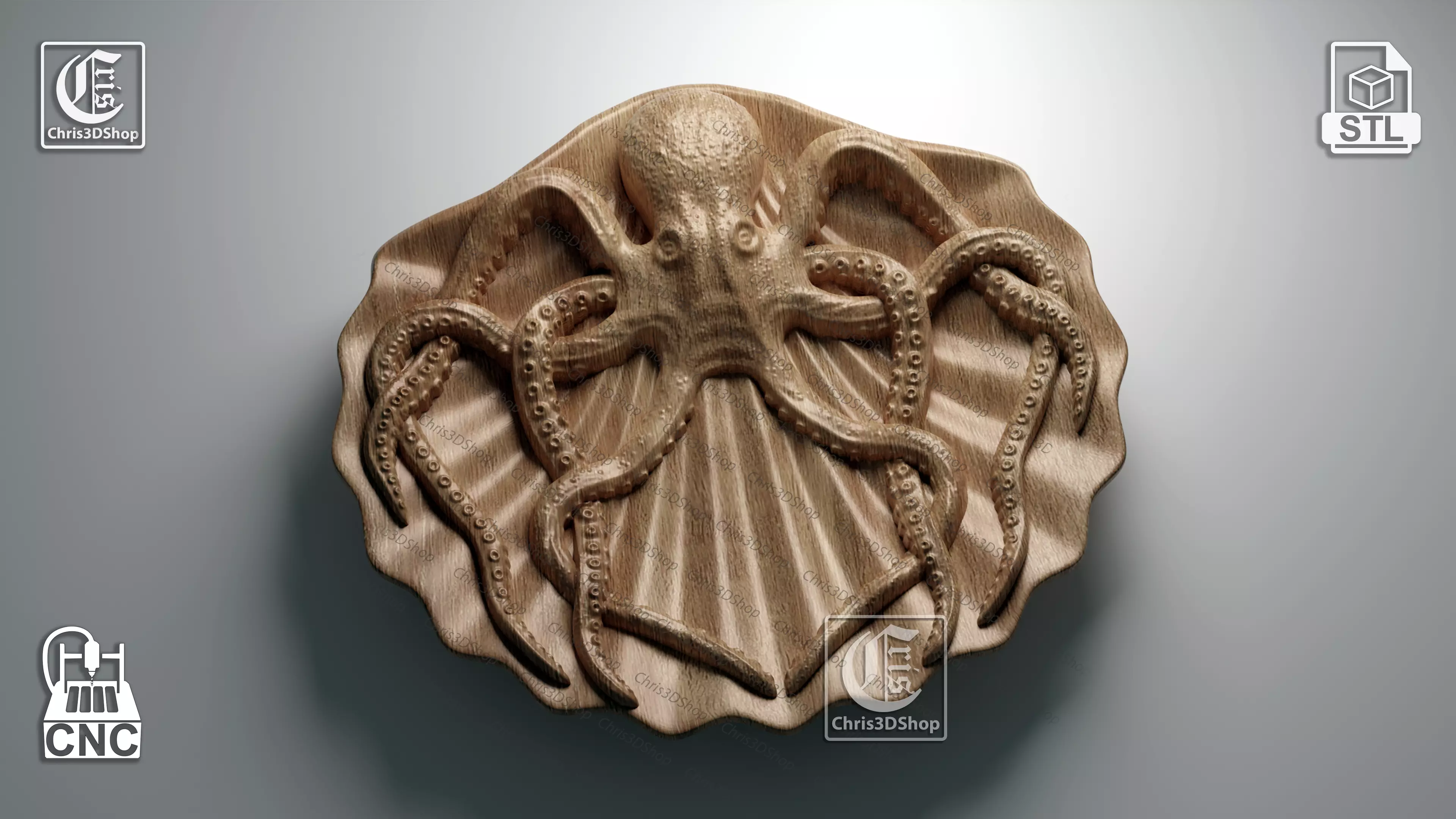 Octopus on Shell Tray - STL model for CNC  3D print model_0