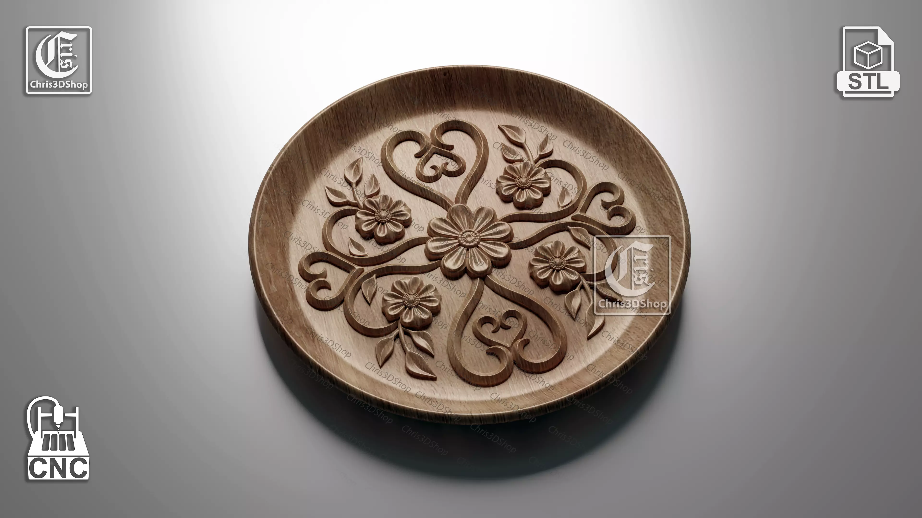 Decorative Round Tray- 3D STL file for CNC and 3D Printer  3D model_0