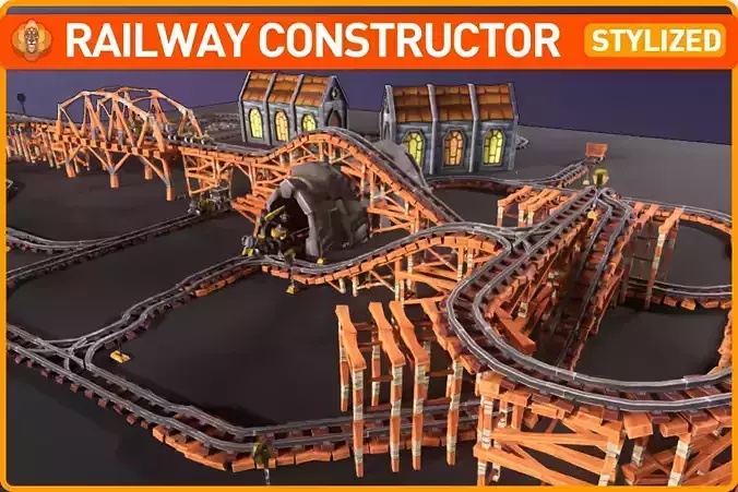 Stylized Railway Modular Constructor Low-poly 3D model