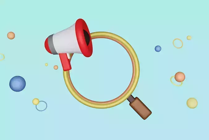 Red and white megaphone and magnifying glass isolated