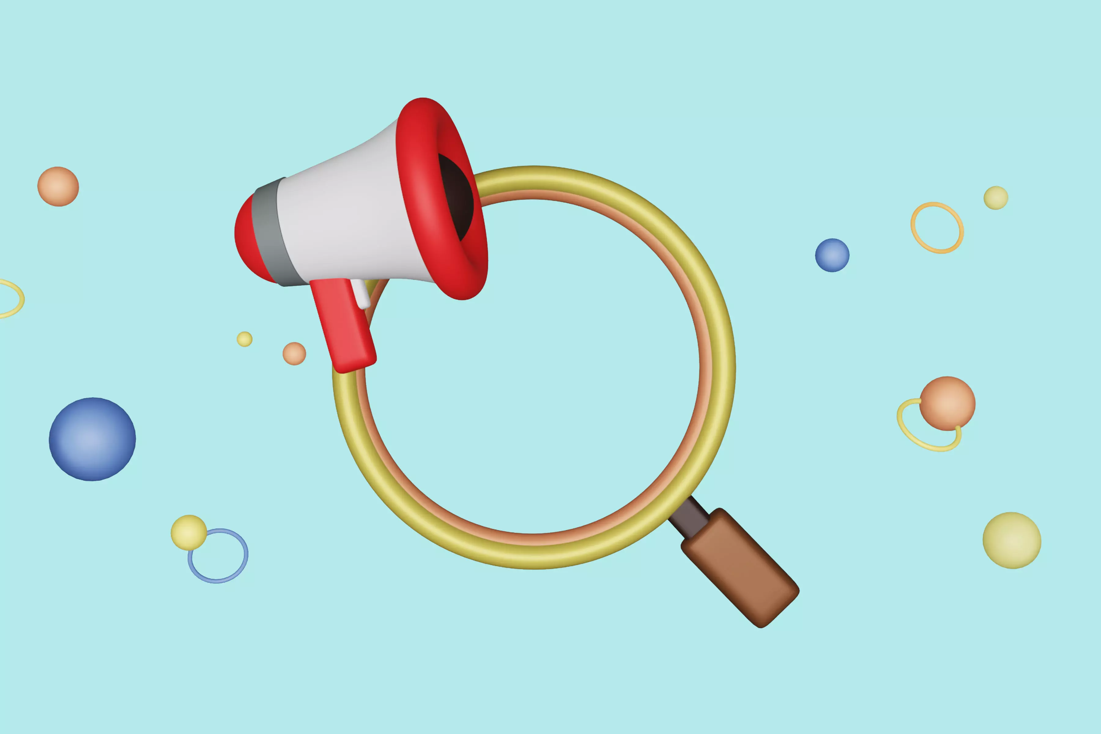 Red and white megaphone and magnifying glass isolated 3D model