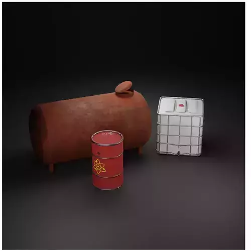 Low poly containers collection three rusty barrels and can