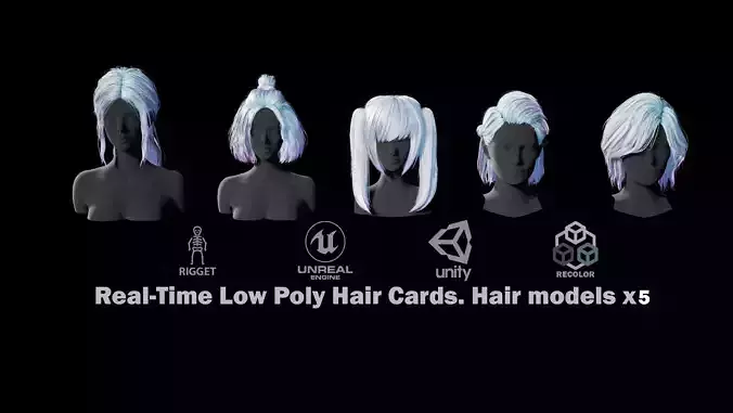 Hairstyle pack1 x5 pieces PBR Rigging Skinning Low-poly 3D model