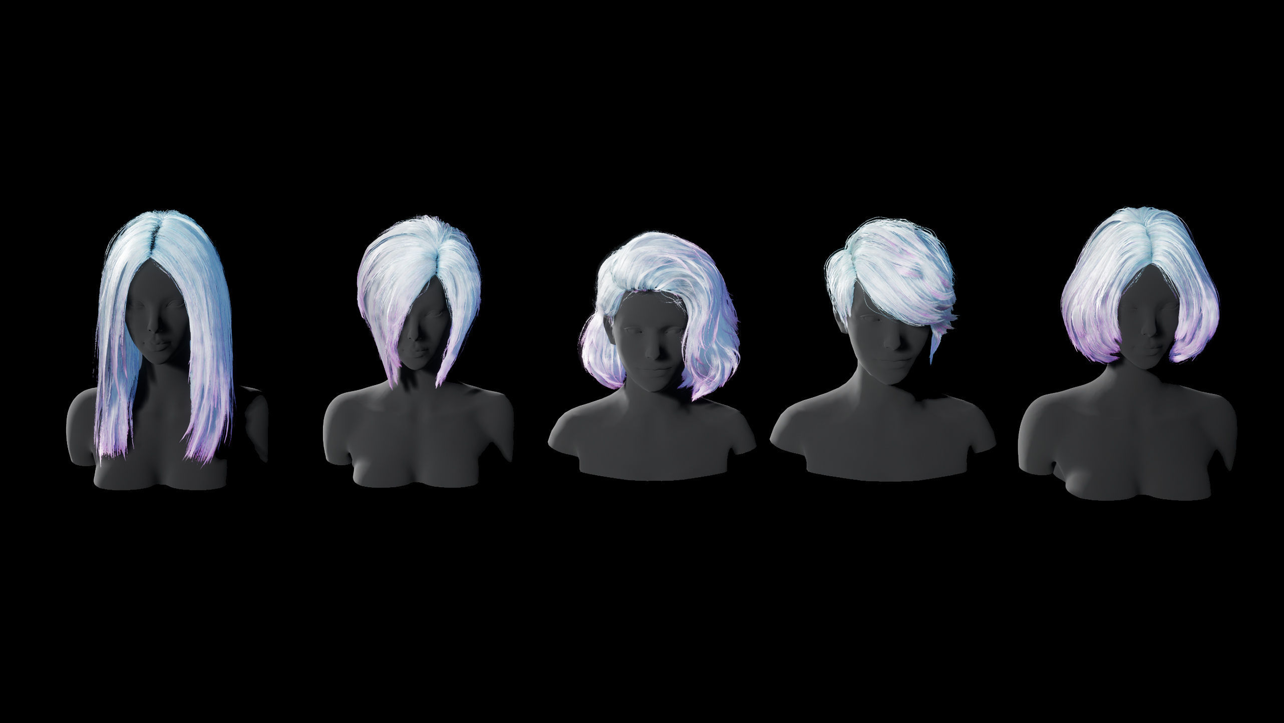 Hairstyle pack2 x5 pieces PBR Rigging Skinnin Low-poly 3D model_2