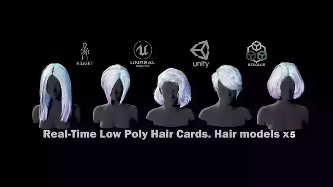 Hairstyle pack2 x5 pieces PBR Rigging Skinnin Low-poly 3D model