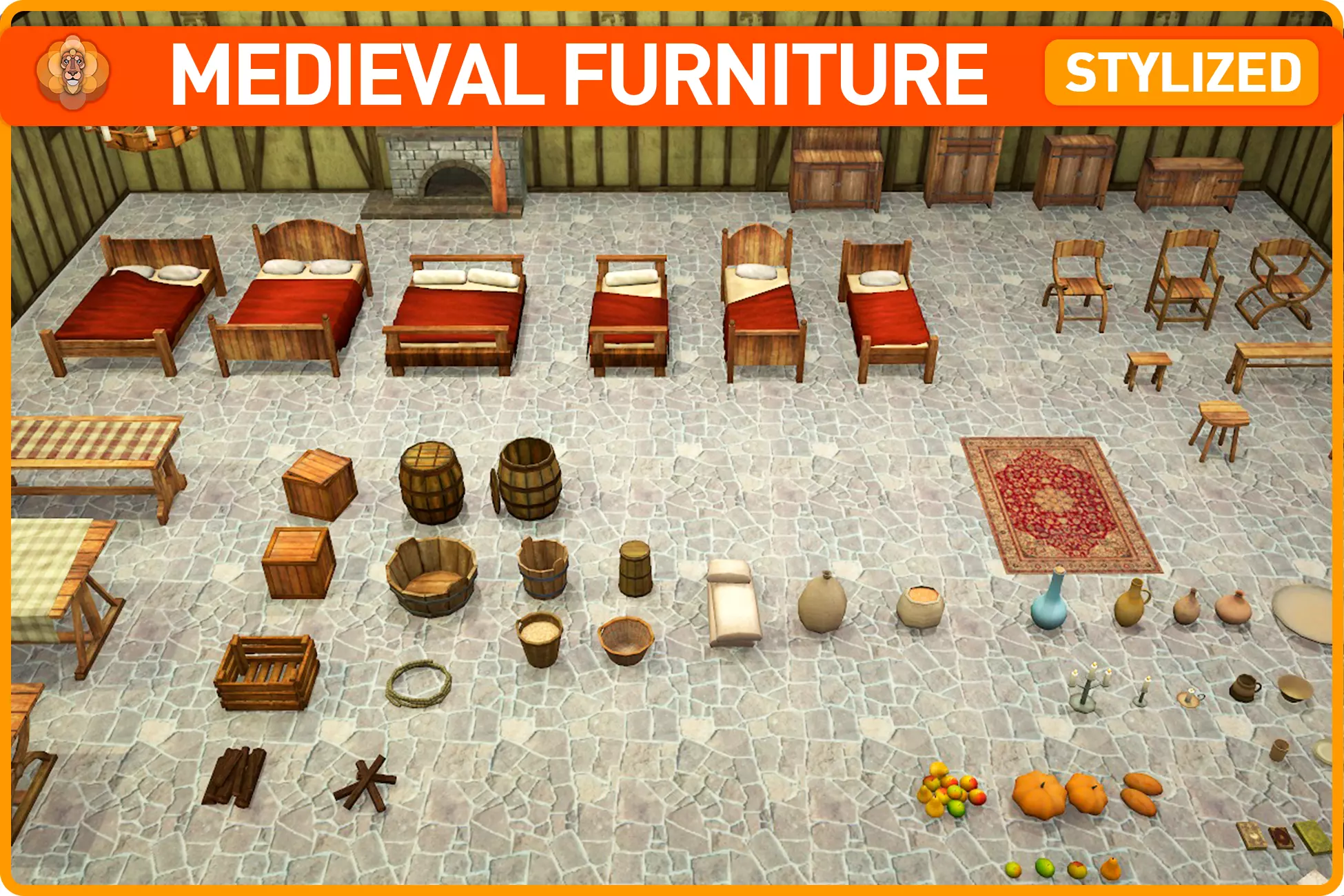 Medieval Furnitures Low-poly 3D model_0