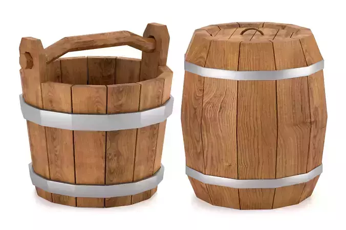 Low Poly Wood Barrel and Bucked