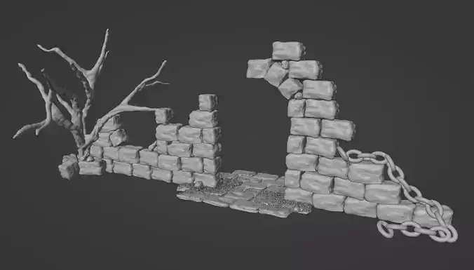 warhammer ruin wall with tree terrain 3d model