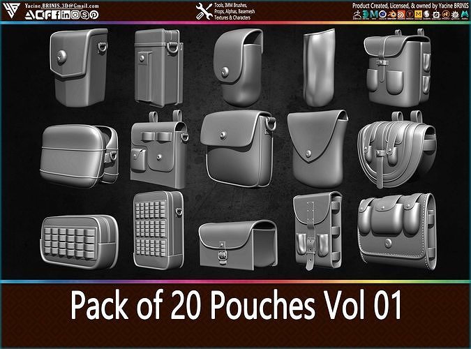 Pack of 20 Pouches Vol 01 Low-poly 3D model