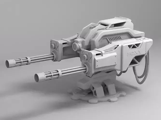 Sci Fi Machine Gun Turret Minigun Military Weapon Robot 3D model