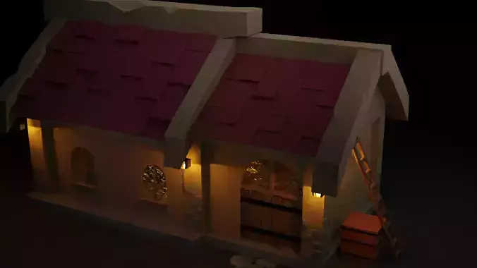 low poly house with lights on roof