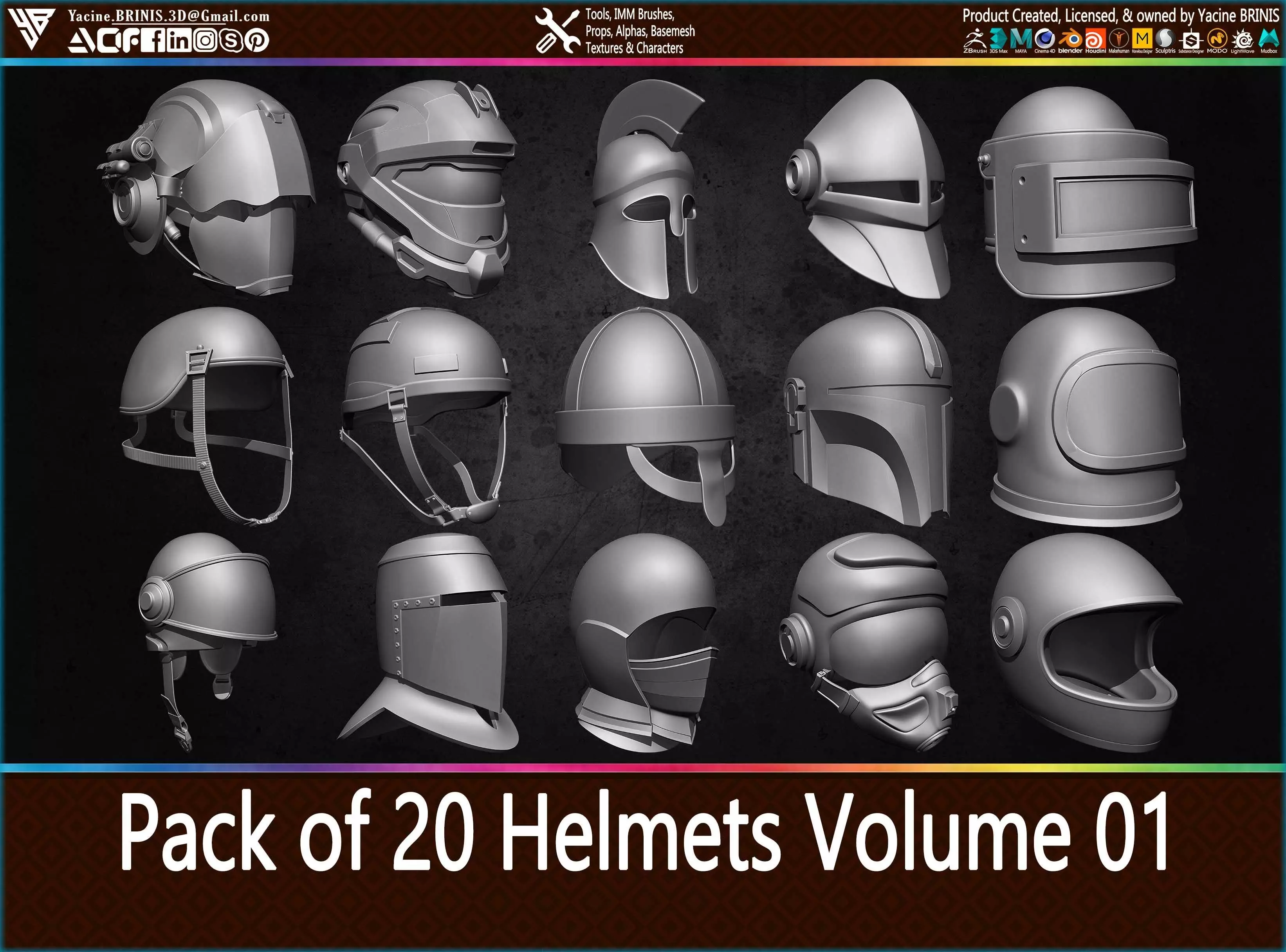 Pack of 20 Helmets Volume 01 Low-poly 3D model_0