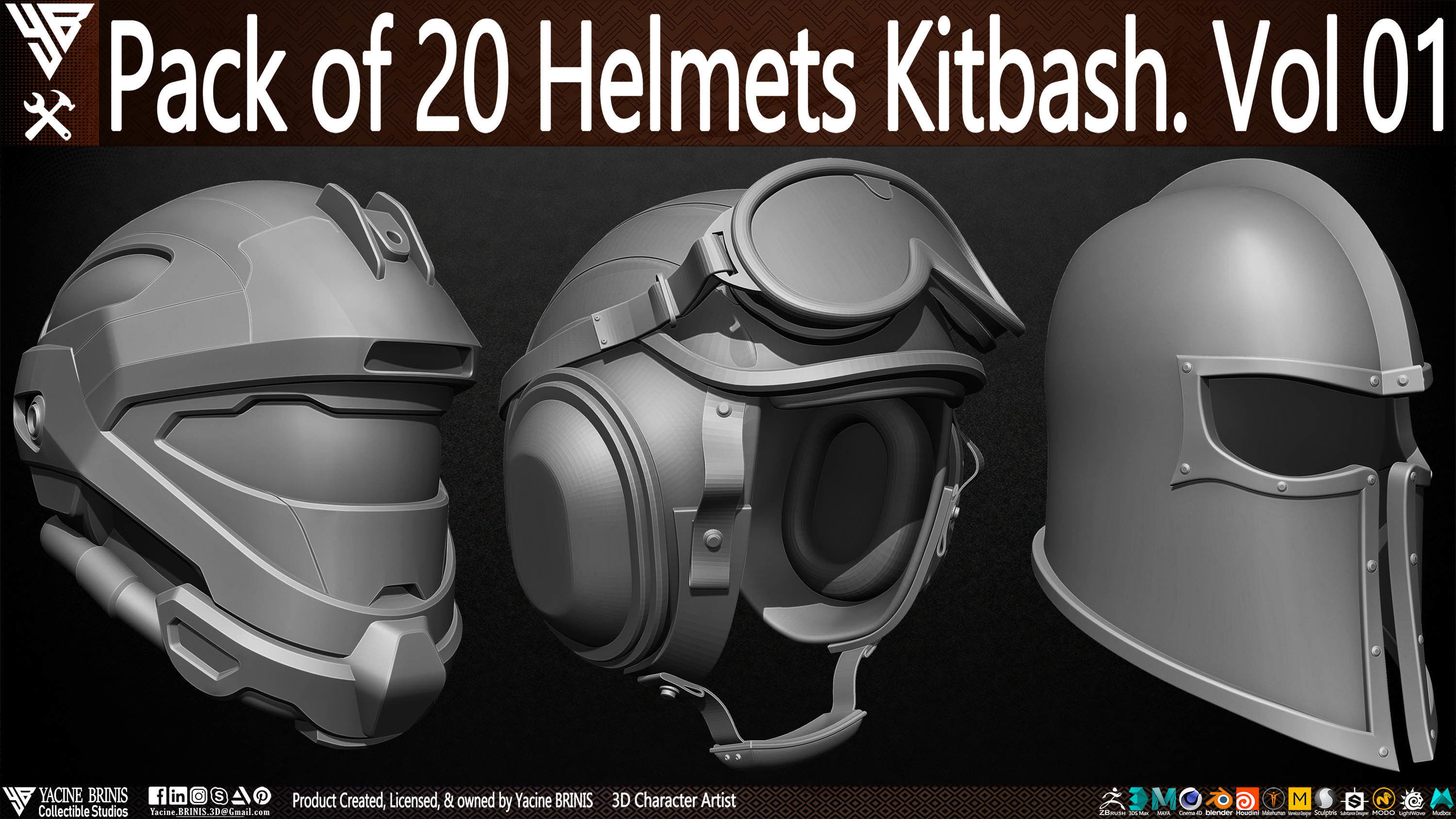 Pack of 20 Helmets Volume 01 Low-poly 3D model_1